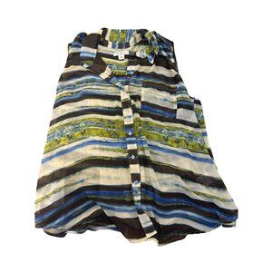Liz Claiborne Womens 2X Striped Sheer Sleeveless Button-Down Blouse Boho